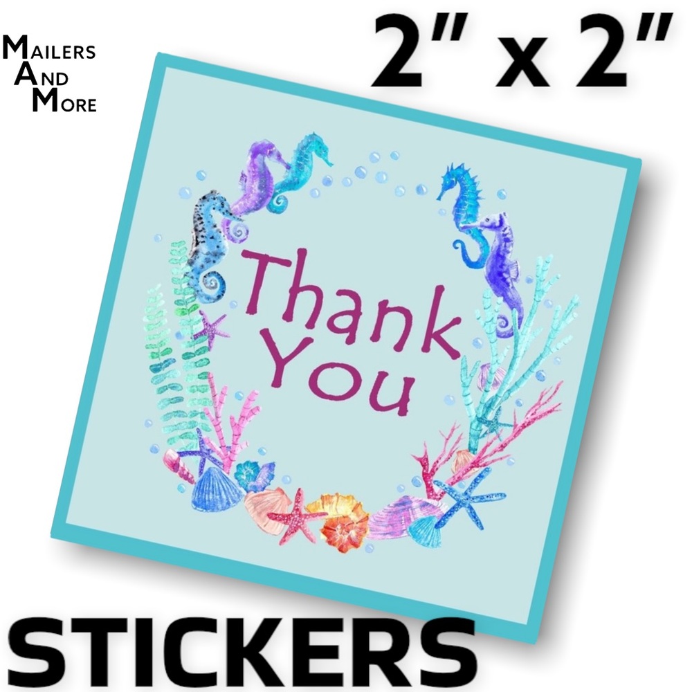 200 (2x2 Inch) Square Stickers, Seahorses High Gloss, Thank You